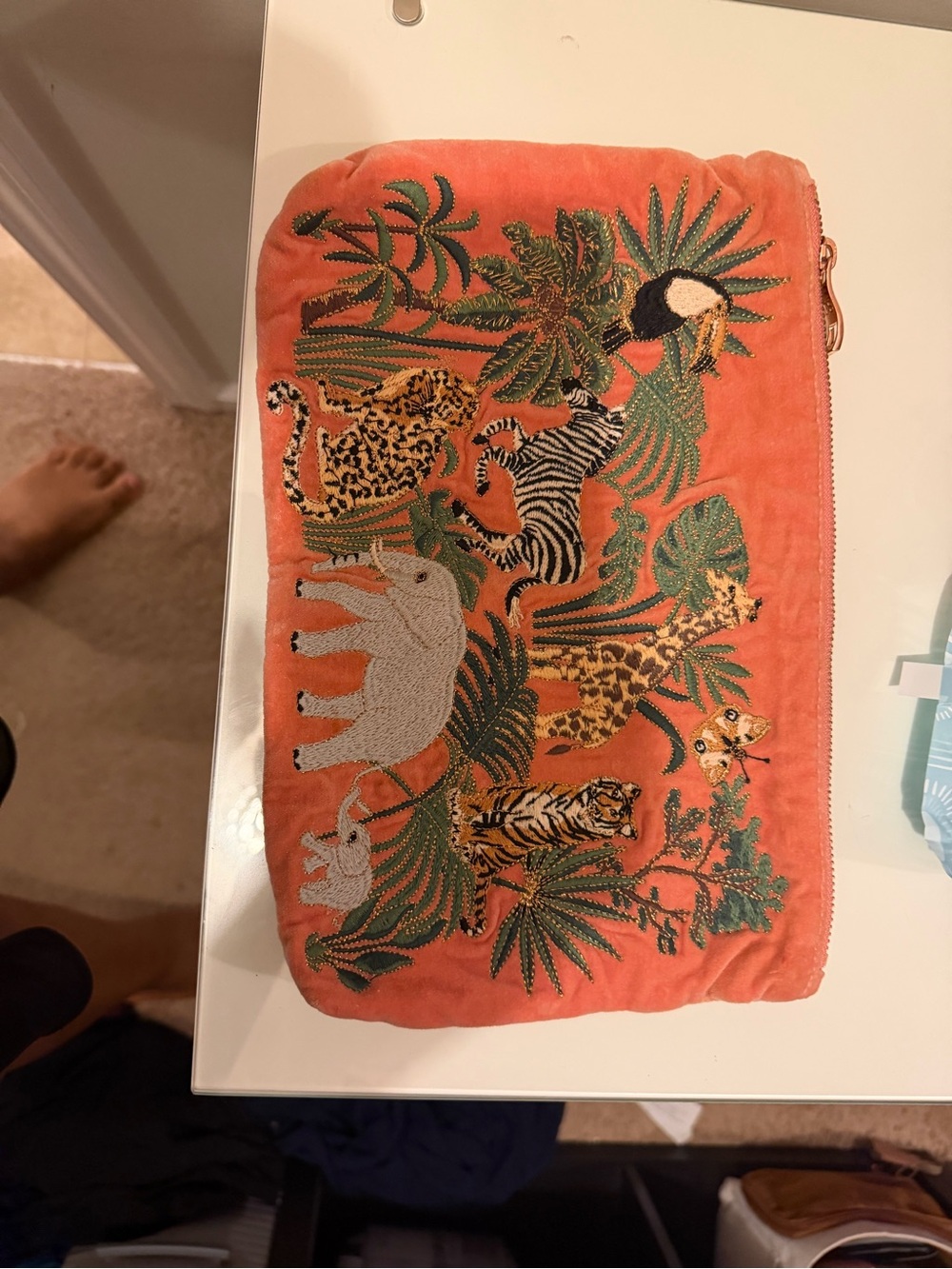 Embroidered Jungle Animal Velvet Clutch - Coral